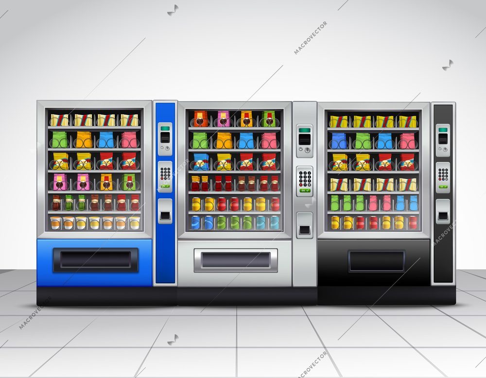 Realistic vending machines front view with food and drinks on tiled floor near grey wall vector illustration