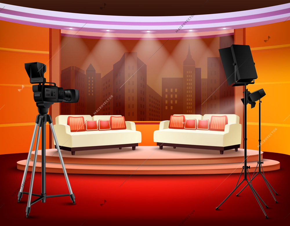 Talk show studio interior with comfortable sofas on pedestal filming equipment urban view in background vector illustration