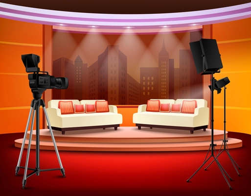 Talk show studio interior with comfortable sofas on pedestal filming equipment urban view in background vector illustration