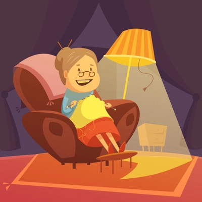 Grandmother knitting in an armchair background with lamp and carpet cartoon vector illustration