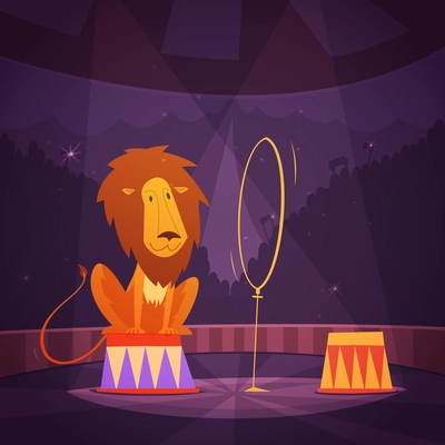 Circus lion jumping through a ring on the stage cartoon vector illustration