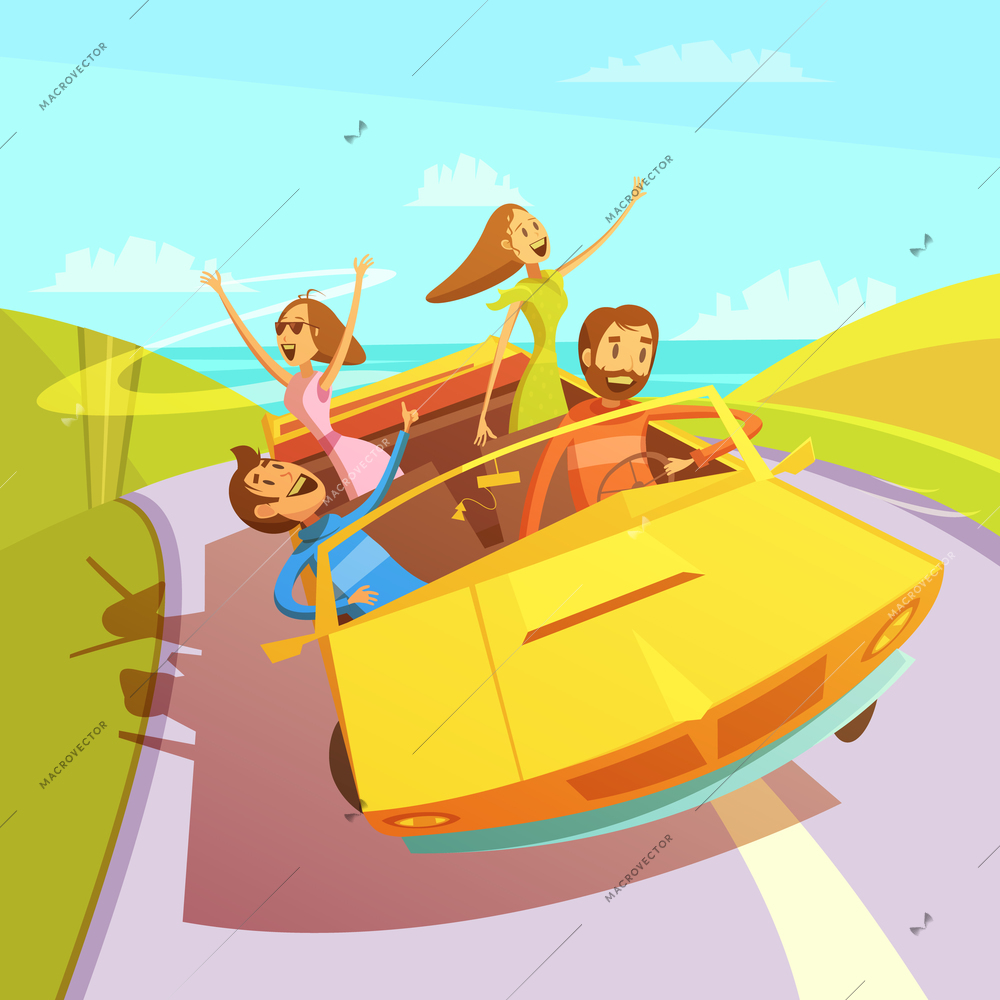 Friends traveling in a cabriolet to the sea background with men and women cartoon vector illustration