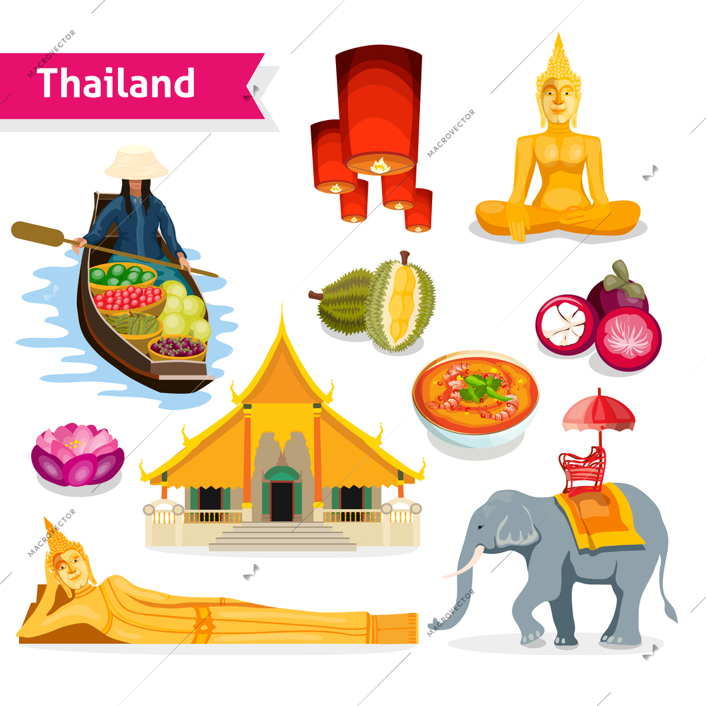 Thailand travel set with buddha statues temple tropical fruits and lanterns isolated vector illustration