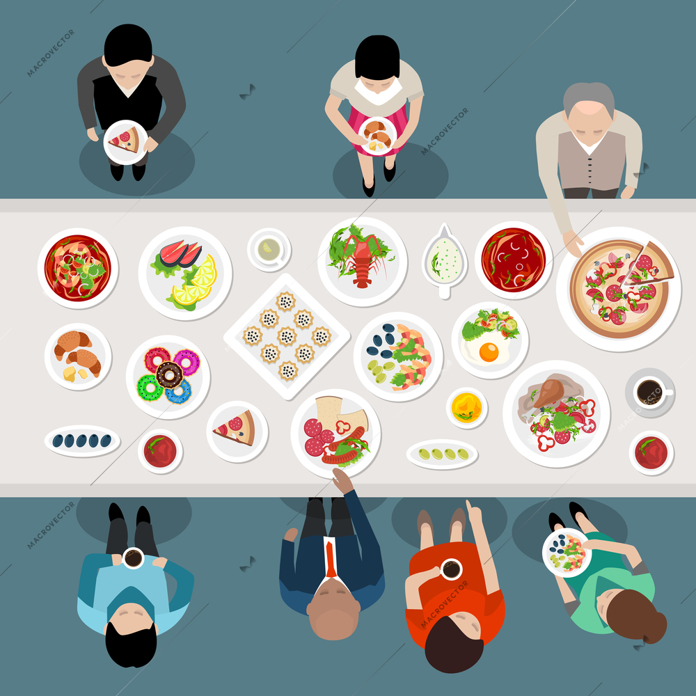 Banquet Catering Party Top View poster with people choosing and eating meals standing by the table vector illustration