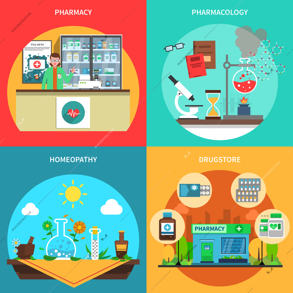 Pharmacy design concept set with pharmacology and drugstore flat icons isolated vector illustration