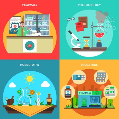 Pharmacy design concept set with pharmacology and drugstore flat icons isolated vector illustration