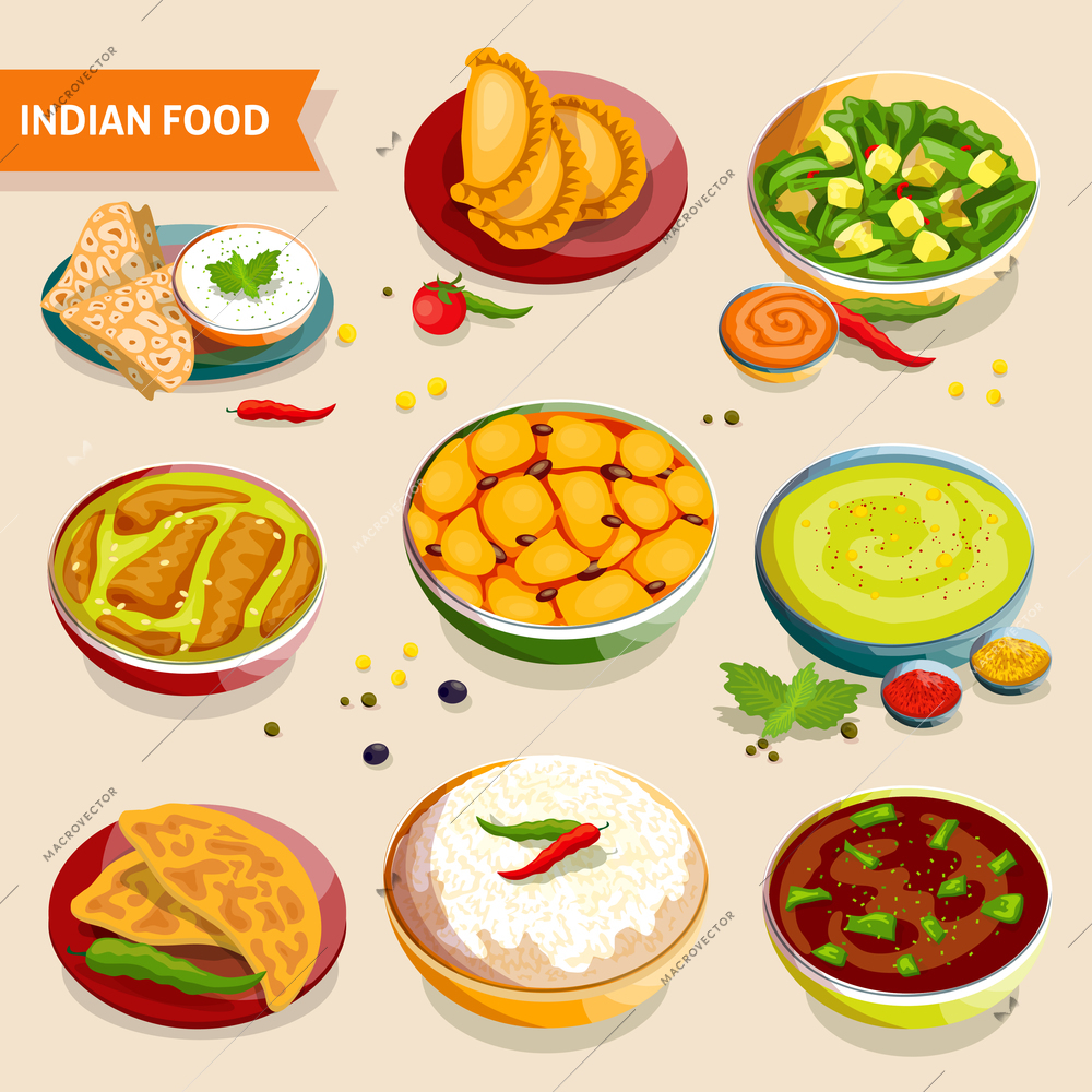 Indian food set of national dishes with rice beans chicken meat vegetables and spices vector illustration