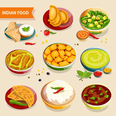 Indian food set of national dishes with rice beans chicken meat vegetables and spices vector illustration