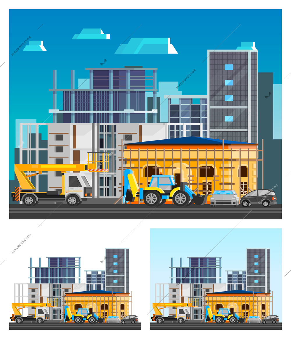 Building construction orthogonal compositions set with city flat isolated vector illustration