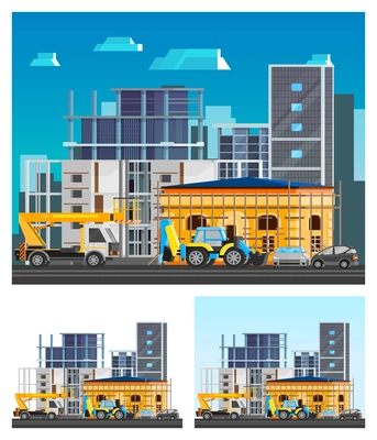 Building construction orthogonal compositions set with city flat isolated vector illustration