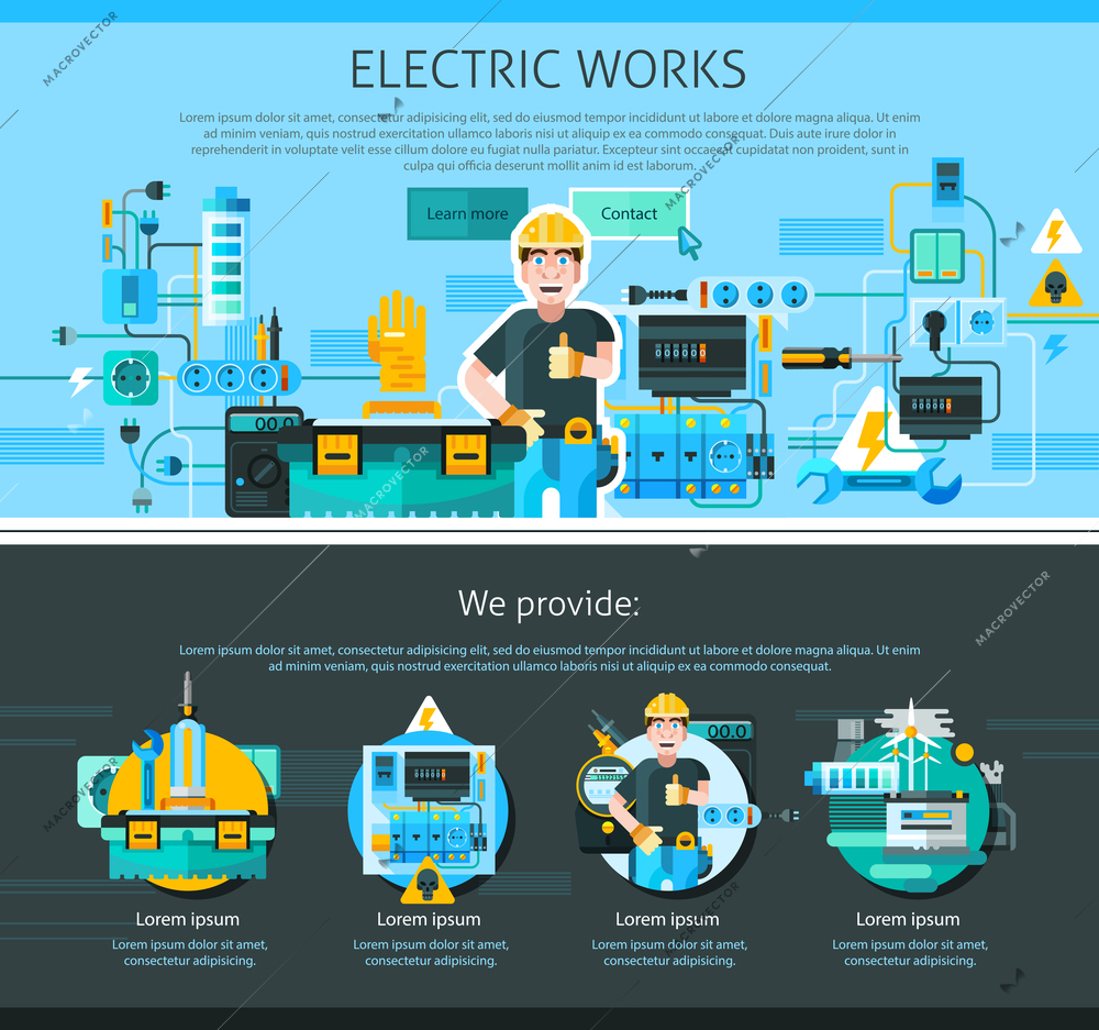 Electrician one page design with advertising symbols flat vector illustration