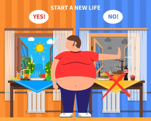 Obesity design composition with fat man in center and healthy and junk food kits on background flat vector illustration