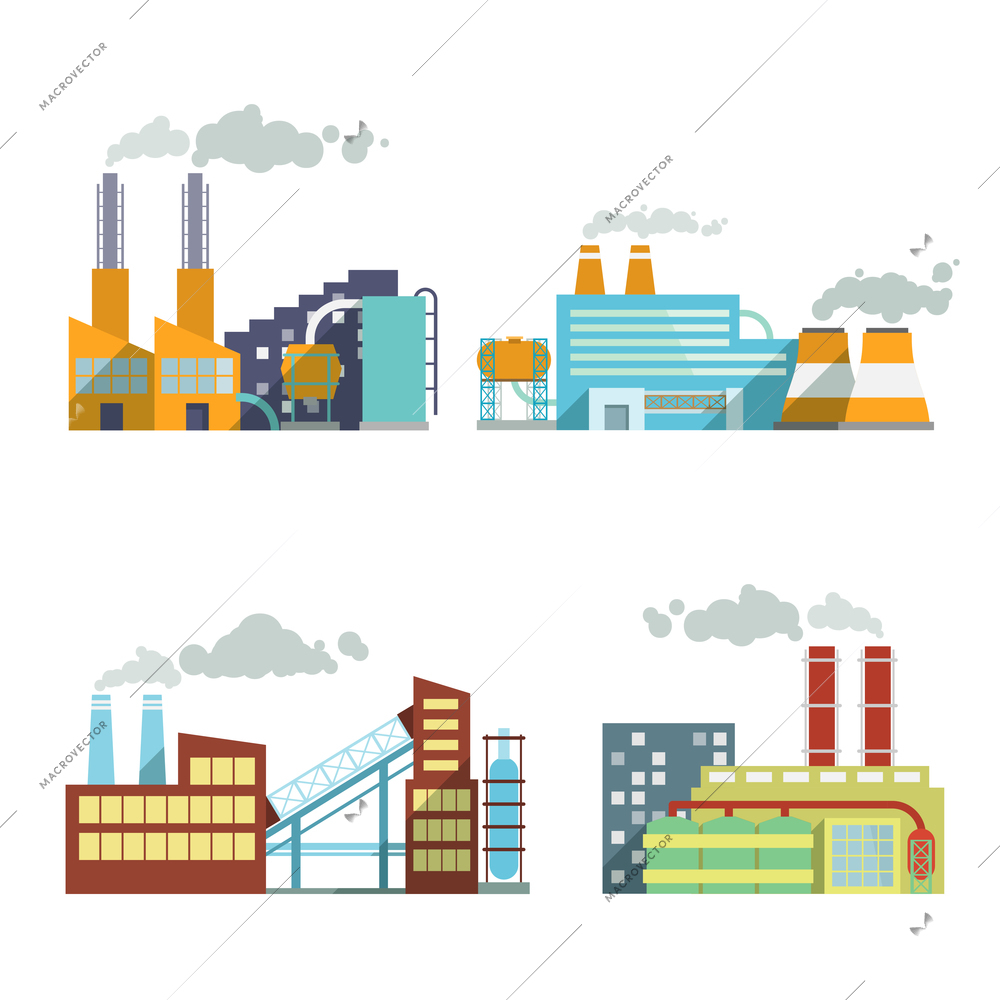 Industrial building factory and power plants icon set isolated vector illustration