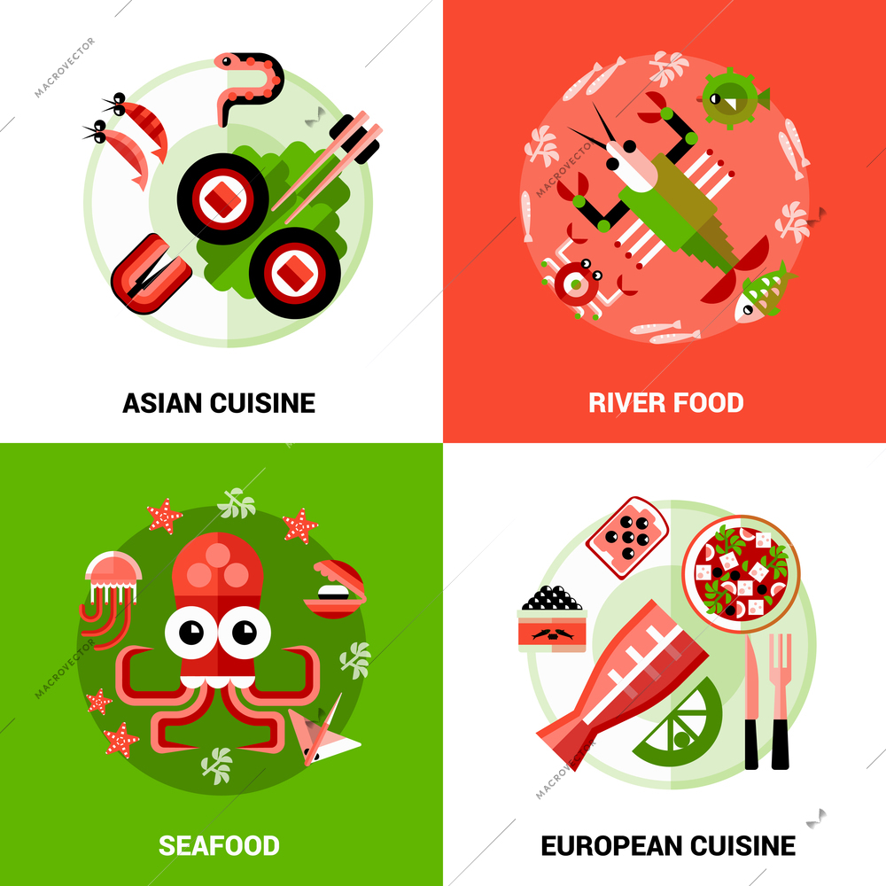 Design concept set of seafood  river food and dishs of asian and european  cuisine in cartoon style vector illustration