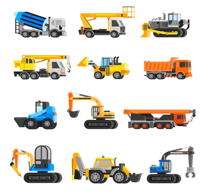 Construction machines orthogonal icons set with digger and crane flat isolated vector illustration