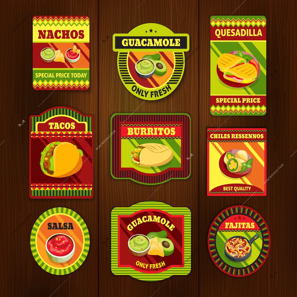 Mexican food bright colorful emblems of national dishes with meat spices on wooden background isolated vector illustration