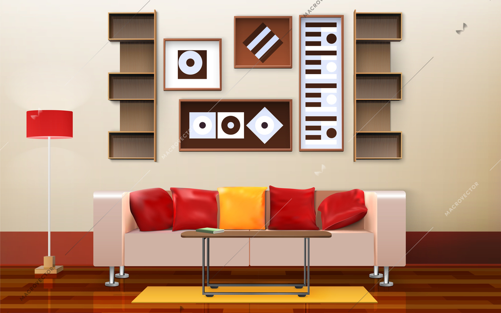 Living room interior design with sofa pillows and lamp isometric vector illustration