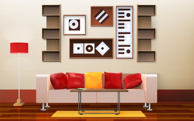 Living room interior design with sofa pillows and lamp isometric vector illustration