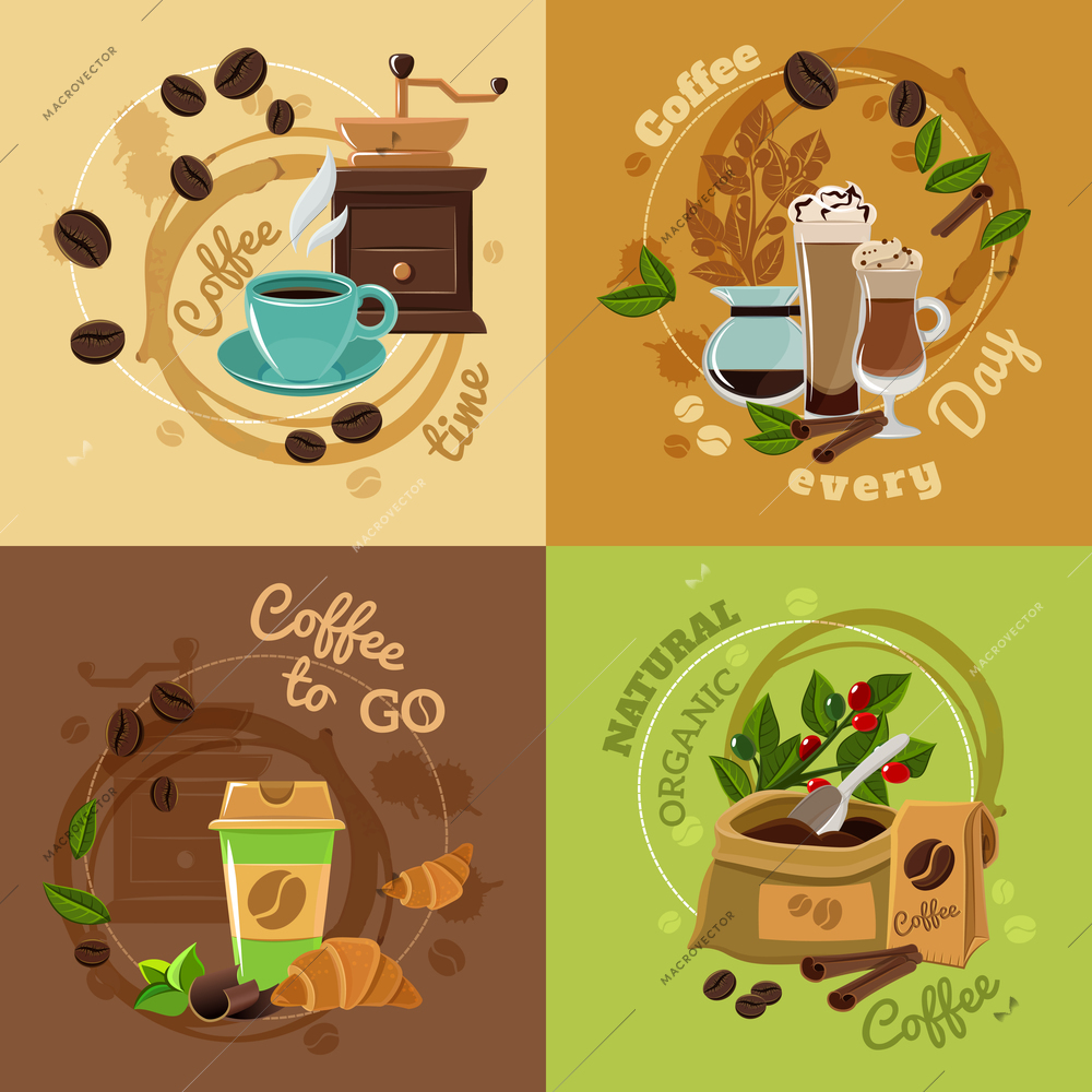 Natural organic coffee for daily consumption 4 flat icons composition square concept banner abstract isolated vector illustration