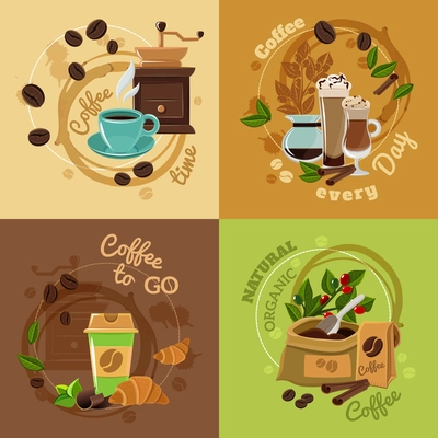 Natural organic coffee for daily consumption 4 flat icons composition square concept banner abstract isolated vector illustration