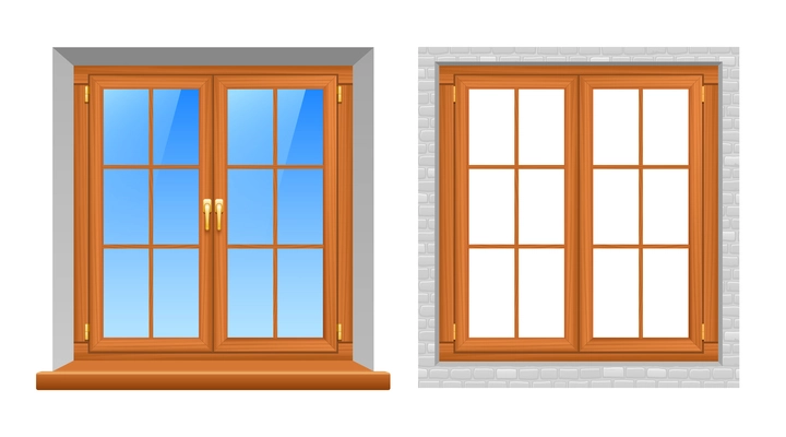 Beautiful wooden texture classic style window frames indoor and outside views 2 realistic icons set vector isolated illustration