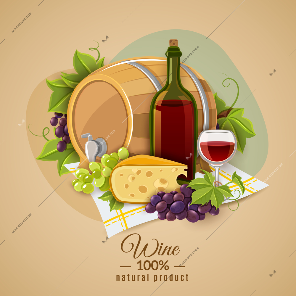 Poster with the image of red wine and cheese snack submitted on colored background vector illustration