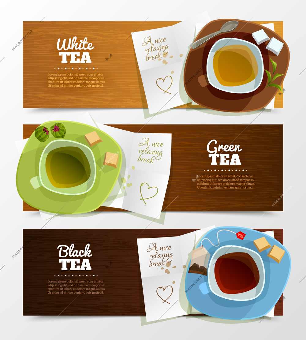 Set of three horizontal tea banners with top viewed caps on saucers with cute love letters underneath vector illustration