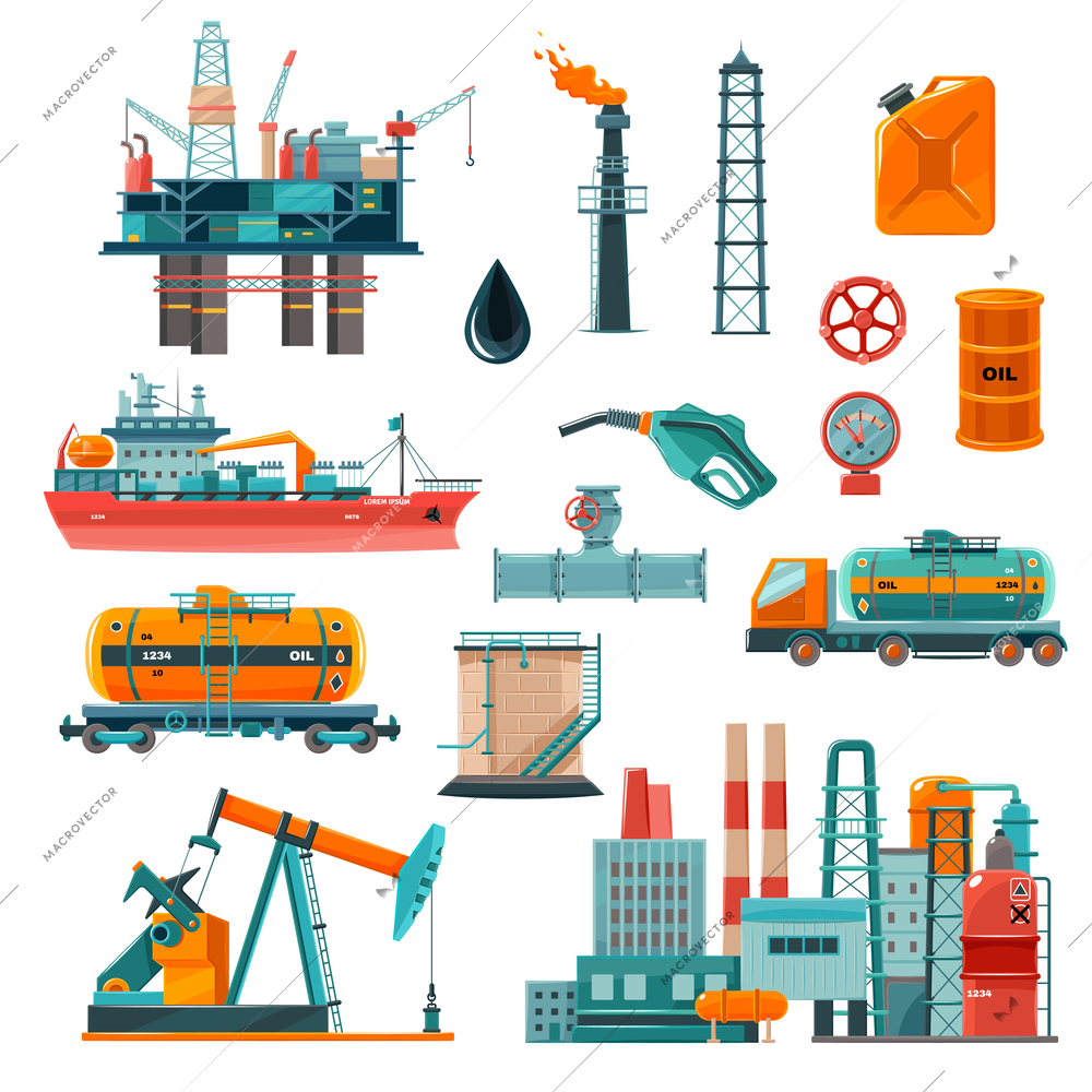 Set of oil industry production transportation extracting cartoon icons vector illustration