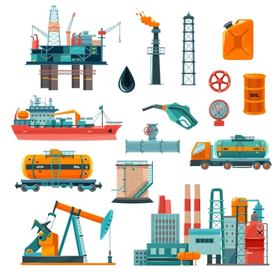 Set of oil industry production transportation extracting cartoon icons vector illustration