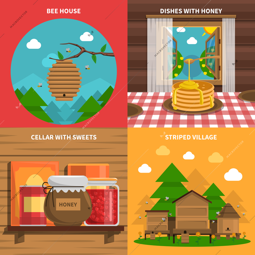 Honey concept icons set with bee house and cellar with sweets symbols flat isolated vector illustration