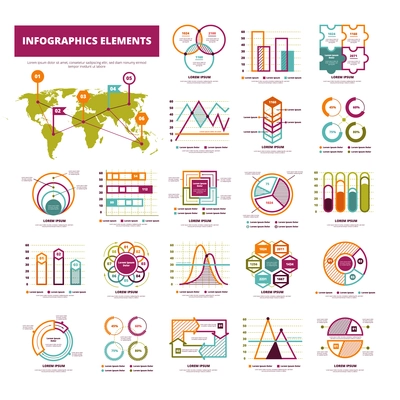 Set of infographics elements with different types of graphics diagrams and charts flat isolated vector illustration