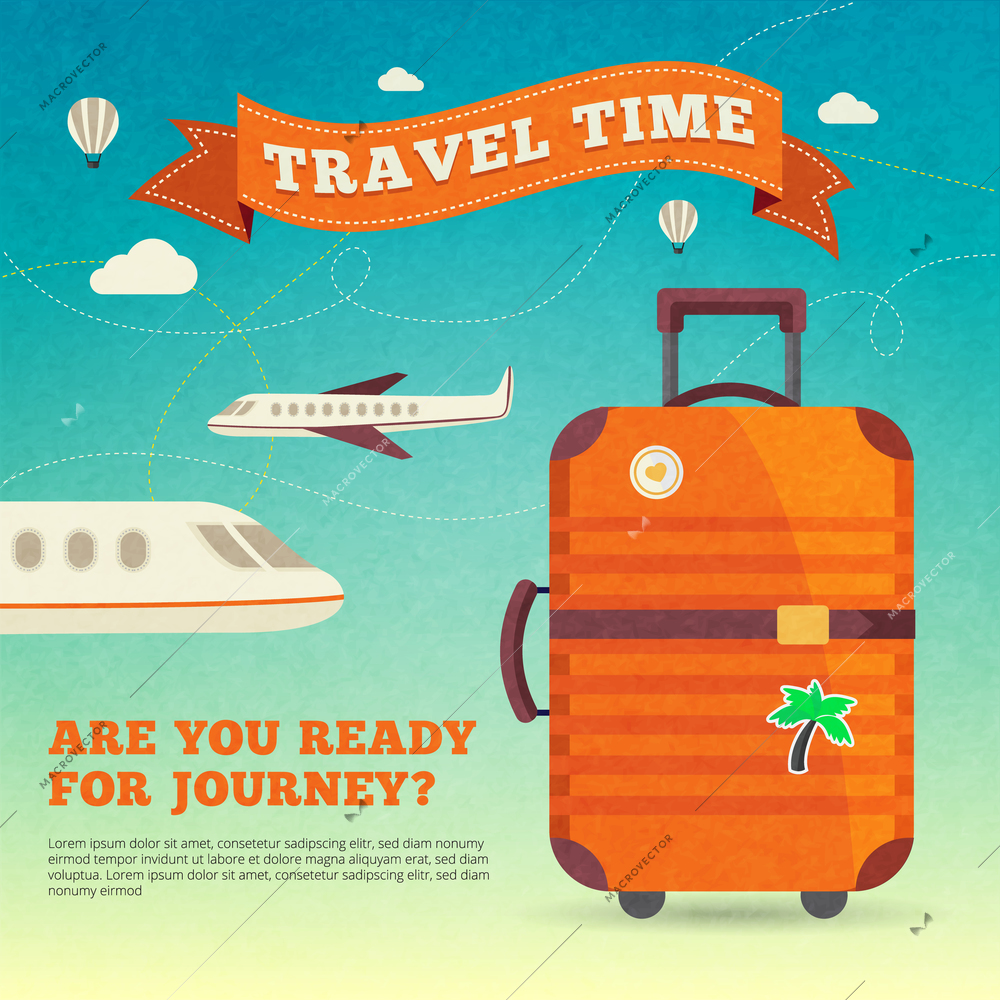 Modern travel luggage poster with airplanes balloons and motivational slogan on the sky background  vector illustration