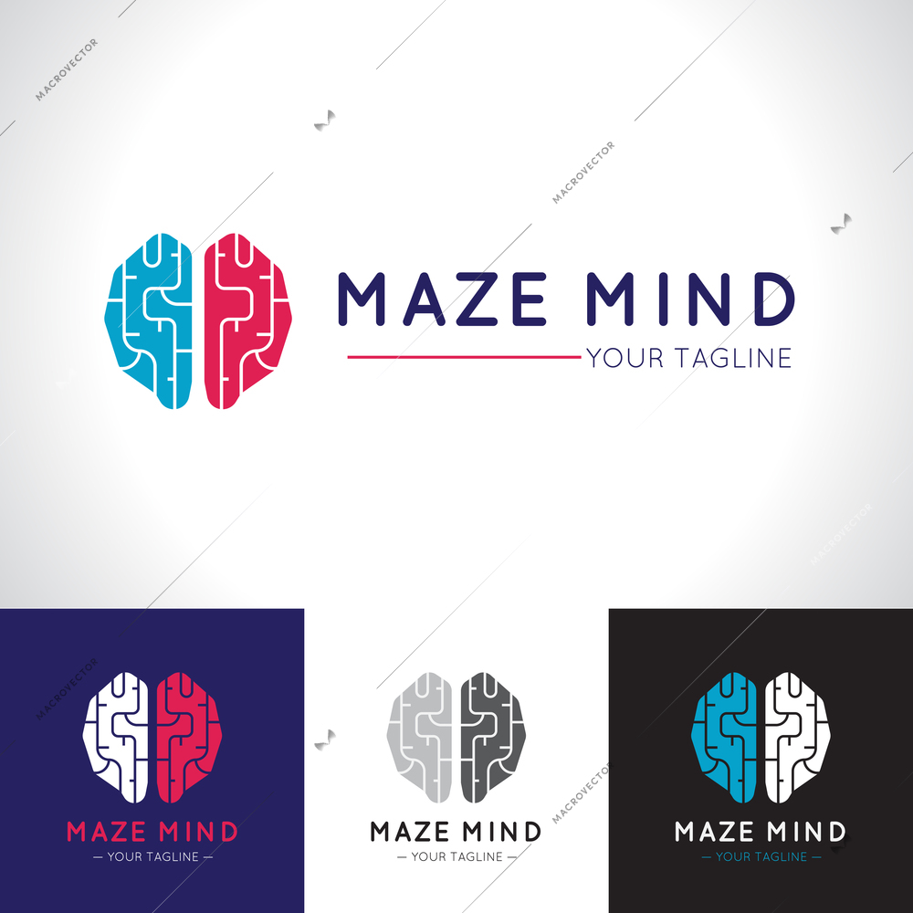 Social relationship template flat poster with big maze mind logo and other different colors concepts vector illustration