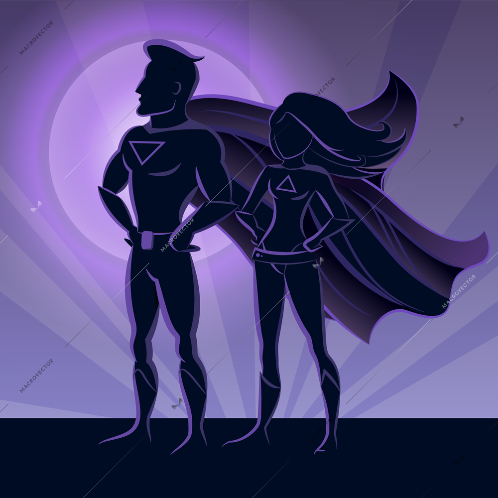 Superhero couple silhouettes standing proudly on the full moon background vector illustration