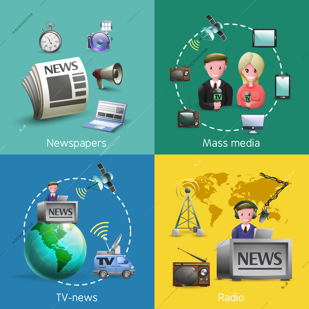 Small 2x2 images set of news on newspapers television radio and other mobile devices cartoon vector illustration