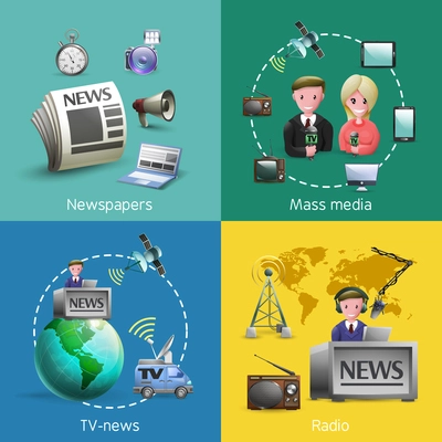 Small 2x2 images set of news on newspapers television radio and other mobile devices cartoon vector illustration