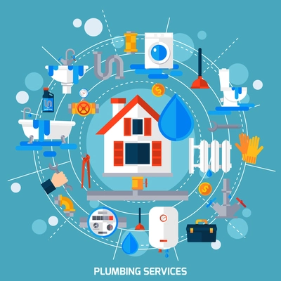 Plumbing service concept flat poster with sanitary icons circle composition with house and  water drop center vector illustration