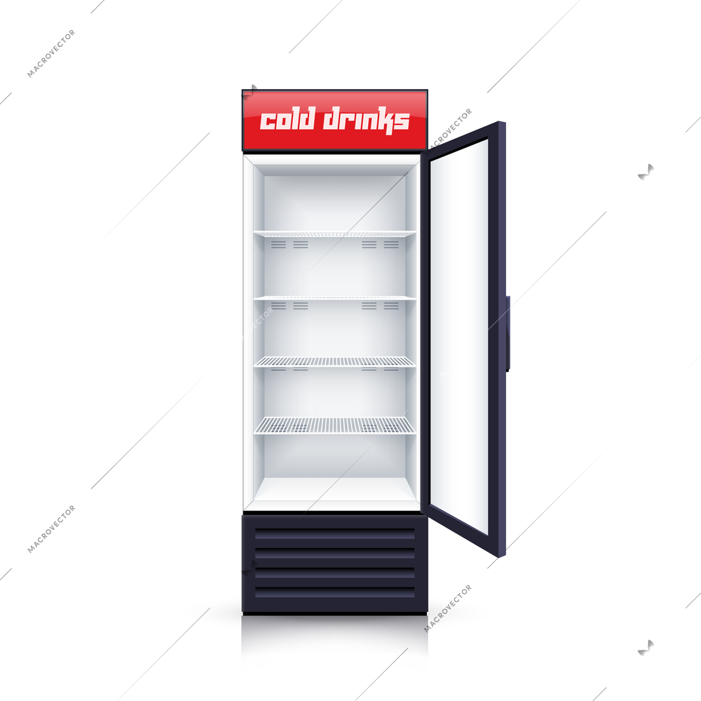 Modern vertical refrigerator with open transparent front panel for cooling drinks realistic background isolated vector Illustration