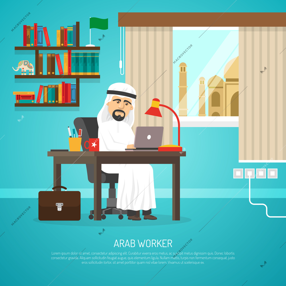 Poster of arab in traditional white clothing working on his notebook in room cartoon vector illustration