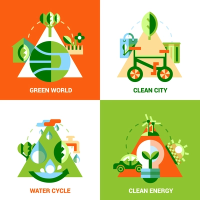 Ecology design concept set of green world clean city and energy and water cycle flat vector illustration