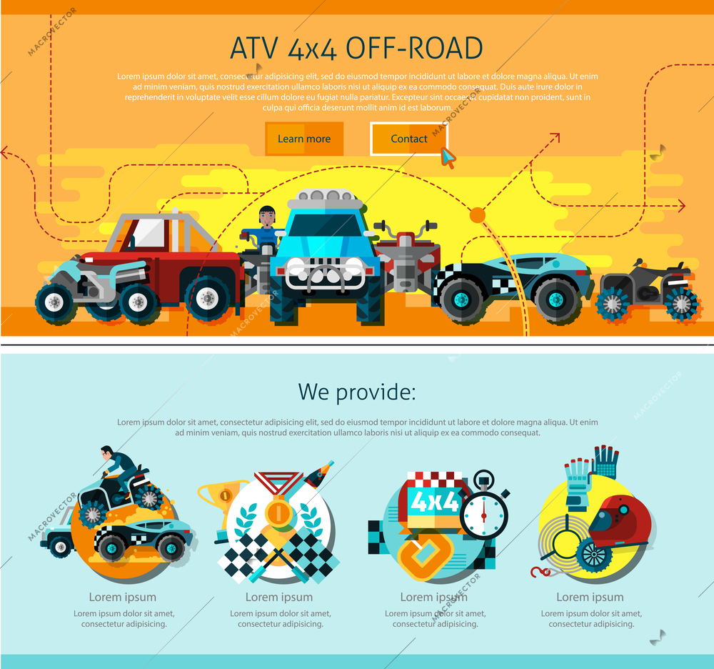 Offroad one page design with advertising  symbols flat isolated vector illustration