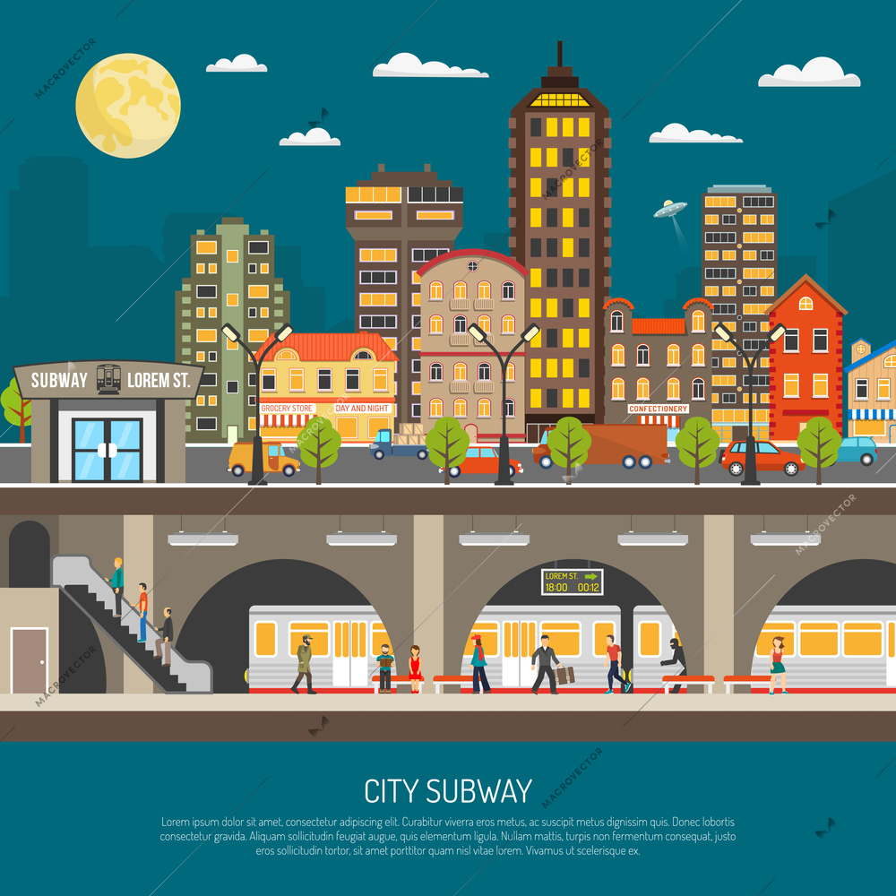 Underground poster of cityscape with subway station and platform train passengers under city street flat vector illustration