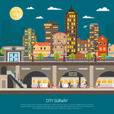 Underground poster of cityscape with subway station and platform train passengers under city street flat vector illustration