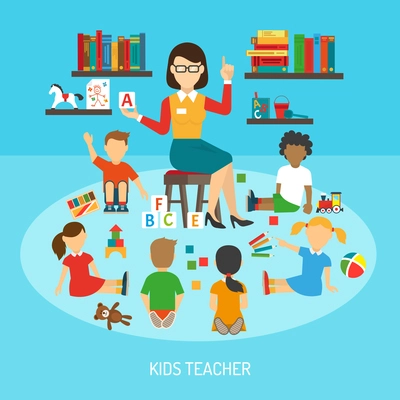 Kindergarten poster of kids teacher in play room explaining alphabet to children around her flat vector illustration