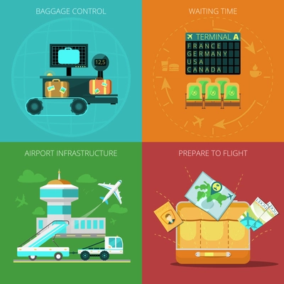 Airport design concept set with baggage control and infrastructure flat icons isolated vector illustration