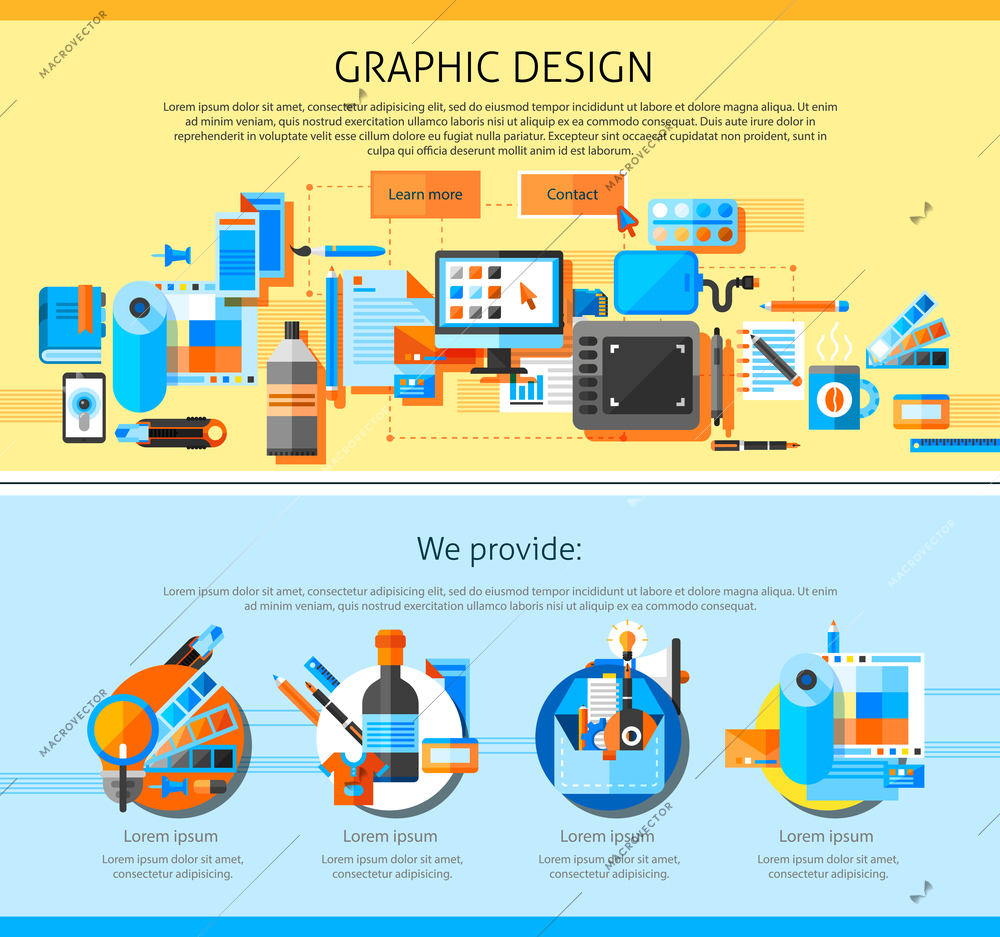 Graphic art page design with advertising symbols flat isolated vector illustration