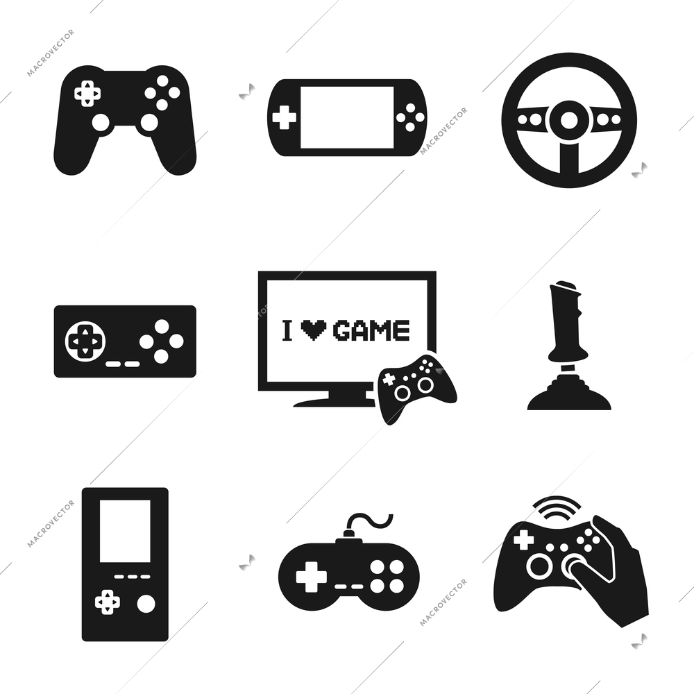 Video computer console games controller icons set of joystick keypad steering wheel isolated vector illustration