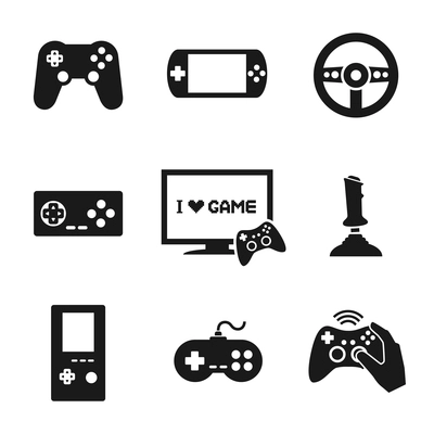 Video computer console games controller icons set of joystick keypad steering wheel isolated vector illustration