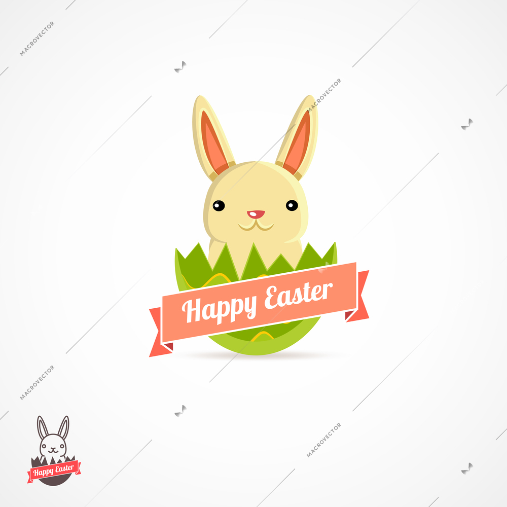 Easter holiday logo with bunny in egg shell vector illustration