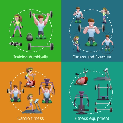 Cartoon style 2x2 images set presenting people training with dumbbells doing exercise and cardio fitness vector illustration
